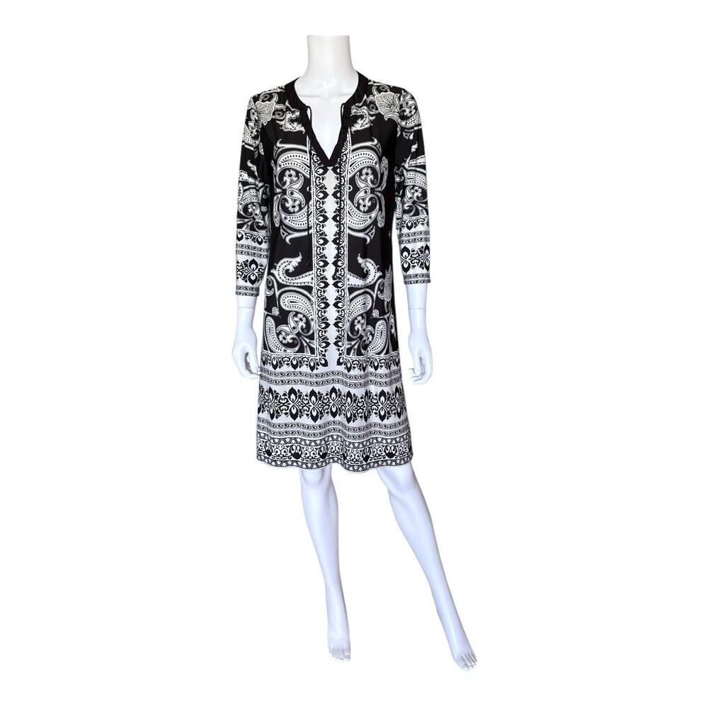Haani Shift Dress Womens L Black White Paisley 3/4 Sleeve Keyhole Neck Stretch